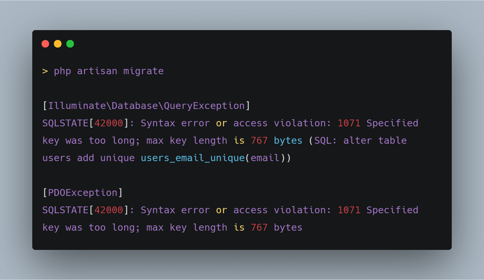 Laravel migration Error – Specified key was too long